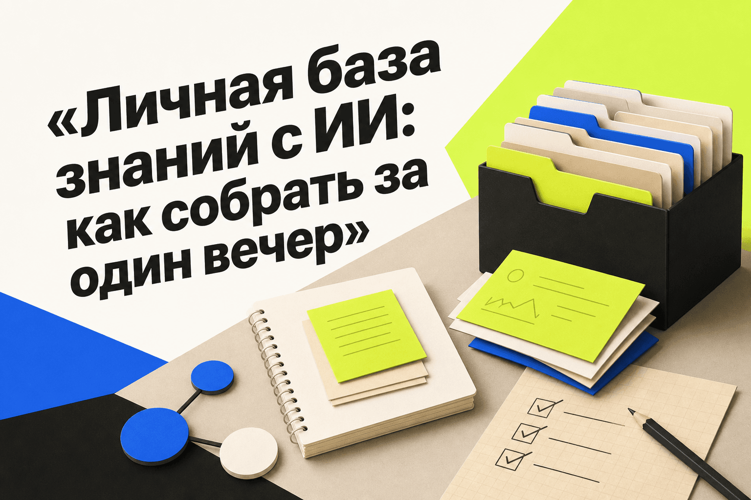 Ноутбук с папками документов и схемой личной базы знаний с ИИ