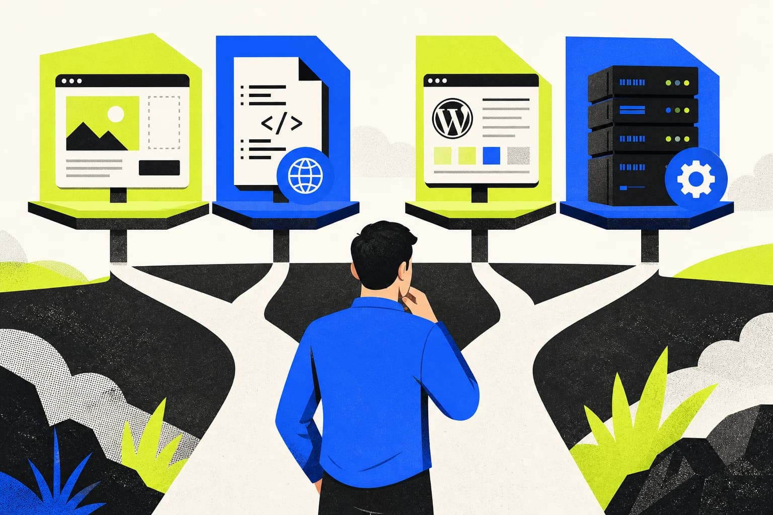 Схема выбора между платформой, статическим хостингом, виртуальным хостингом и VPS для первого сайта