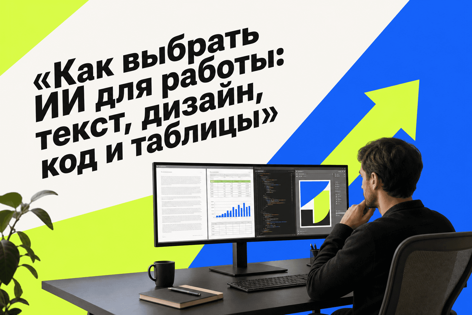 Специалист сравнивает ИИ-сервисы для текста, кода, таблиц и дизайна на экране ноутбука