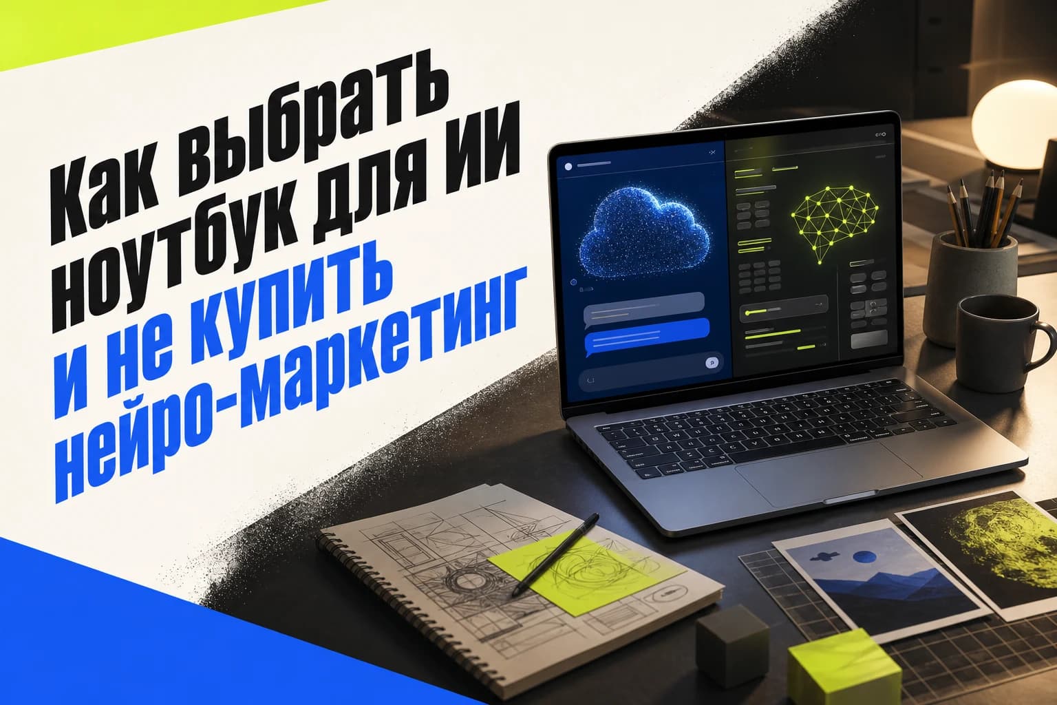 Ноутбук с облачным чат-ботом и интерфейсом локальной нейросети на экране