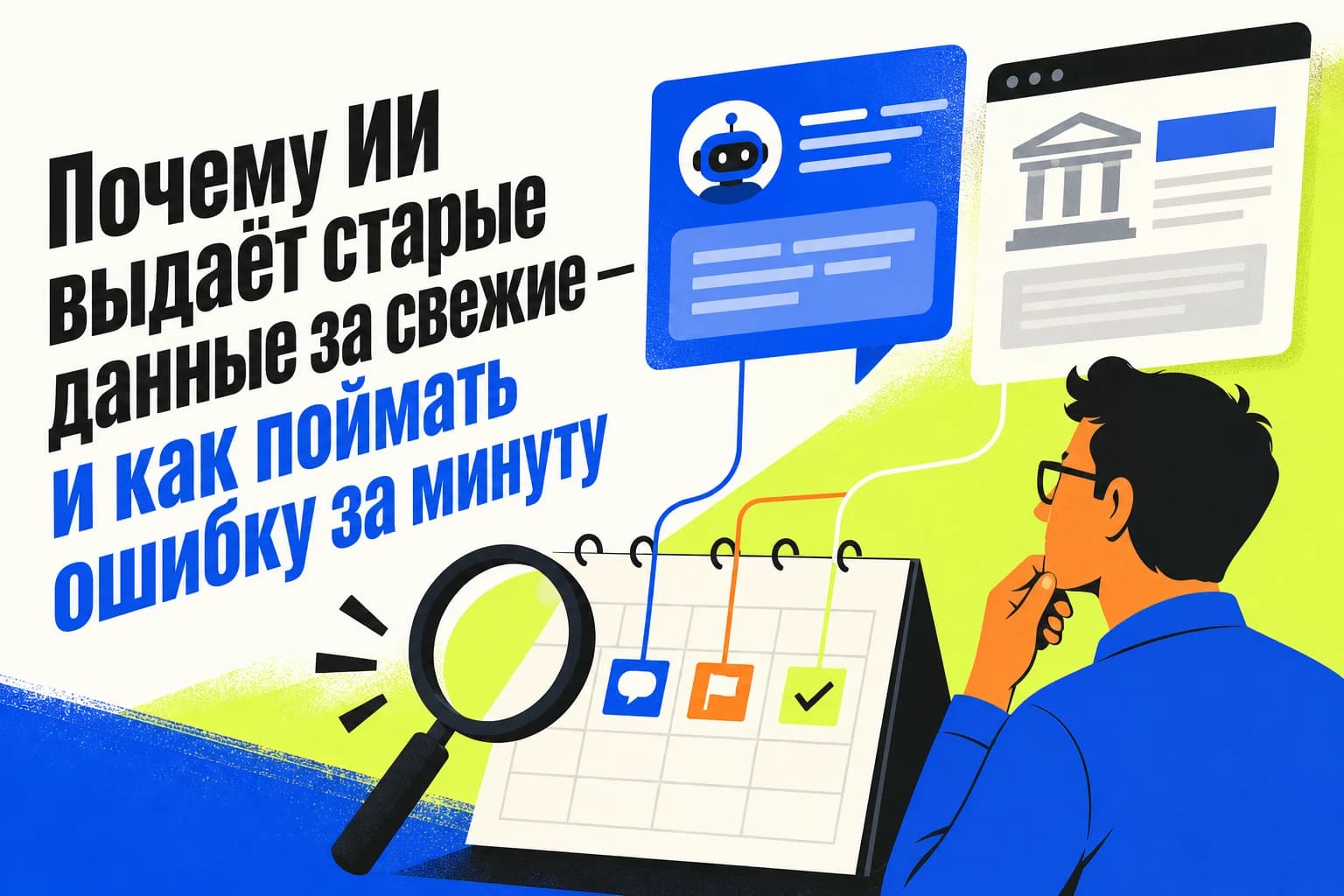 Человек проверяет дату новости по ссылке из ответа нейросети на экране ноутбука