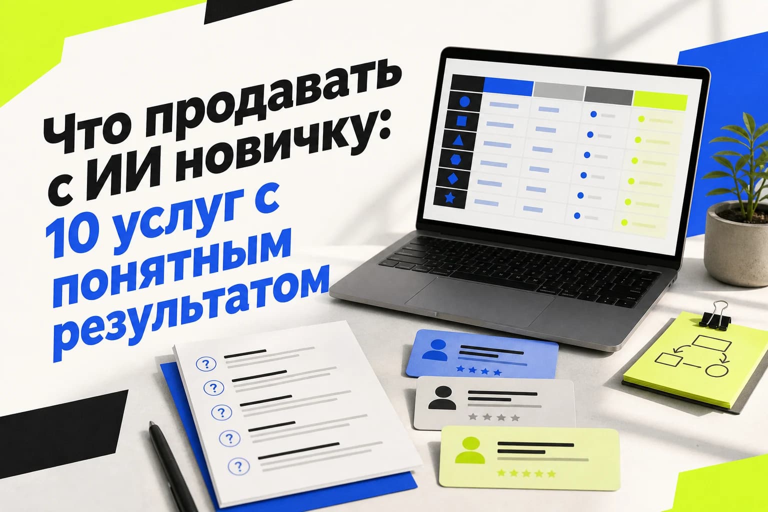Ноутбук с таблицей из десяти услуг с ИИ для новичка и заметками о пилоте для клиента