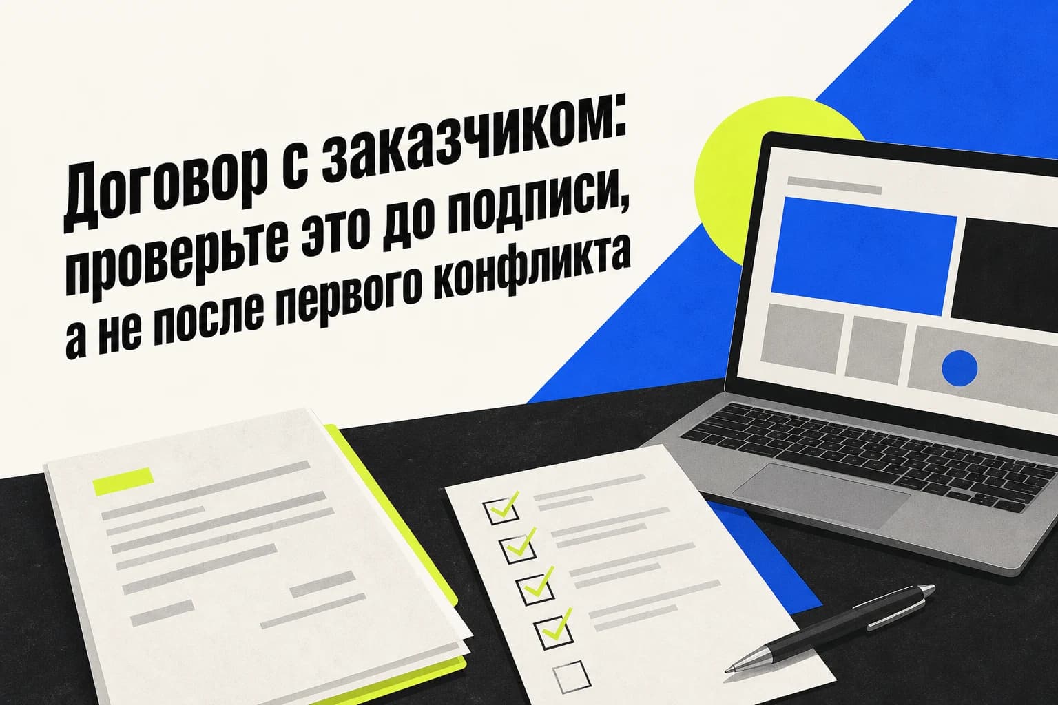 Дизайнер проверяет договор с заказчиком перед подписью на ноутбуке