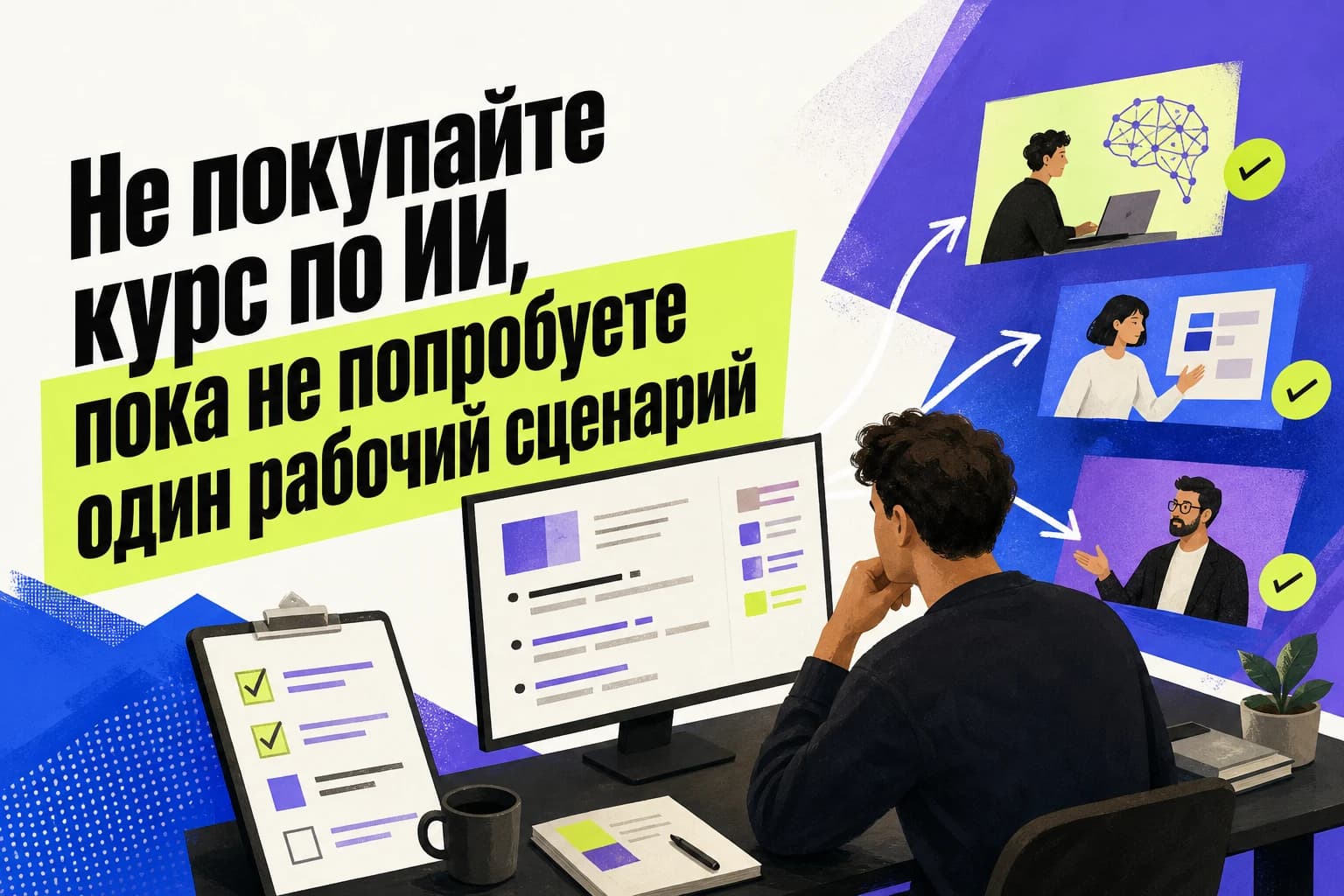 Новичок выбирает между курсом по ИИ, наставником и самостоятельной практикой за ноутбуком