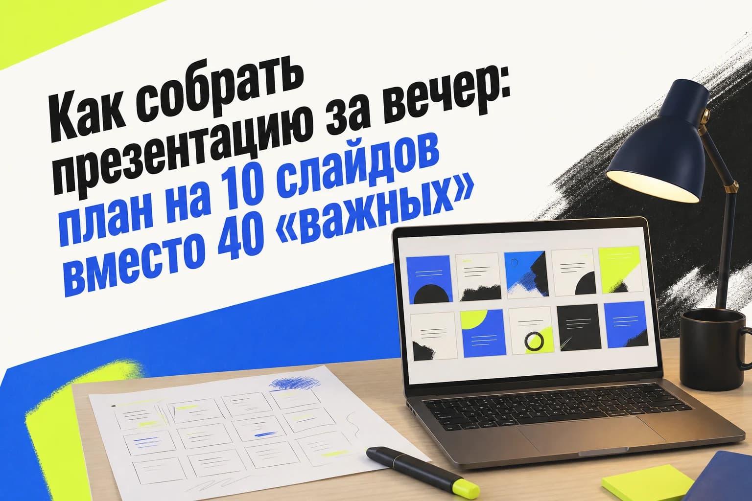 Человек собирает план презентации из десяти слайдов на ноутбуке