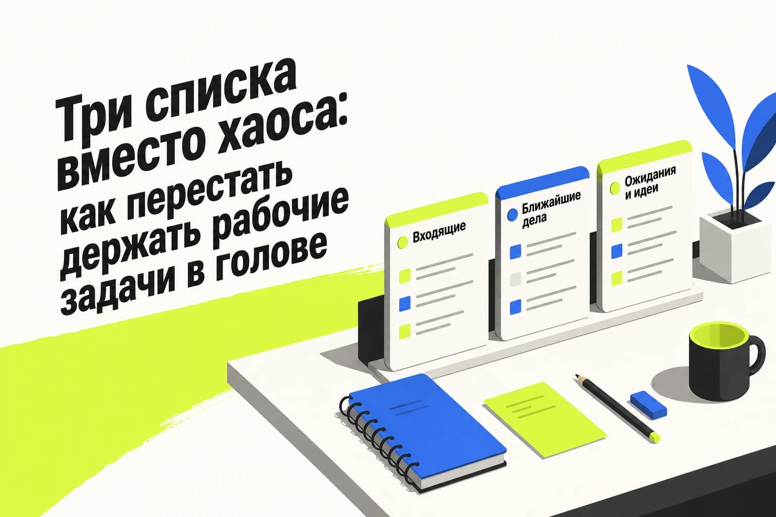 Схема из трёх списков для рабочих задач: входящие, ближайшие дела и ожидания с идеями